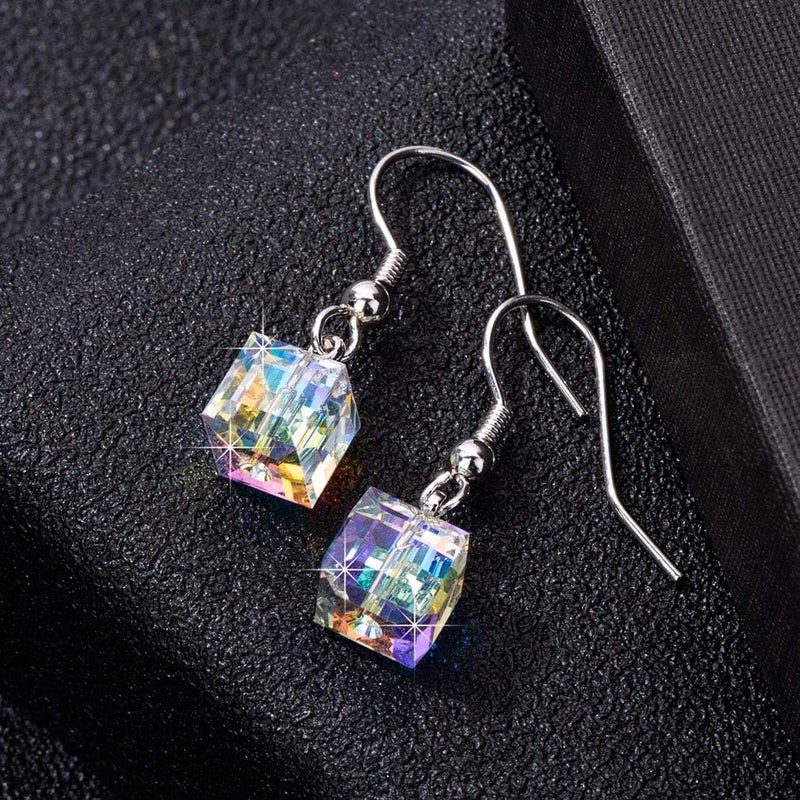 EVEVIC Austrian Crystal Cube Drop Dangle Earrings for Women Fashion 14K Gold Plated Hypoallergenic Jewelry (Aurora Borealis) - Image 3